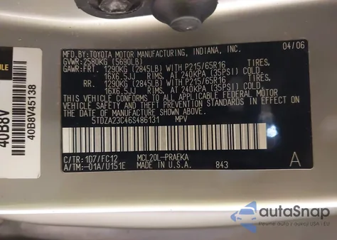 2006 Toyota Sienna Le from USA, damaged, VIN 5TDZA23C46S486131